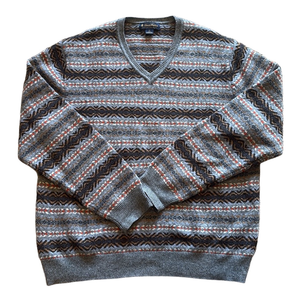 Brooks Brothers Mens XL Fair Isle Scottish Knit Lambswool V Neck Sweater